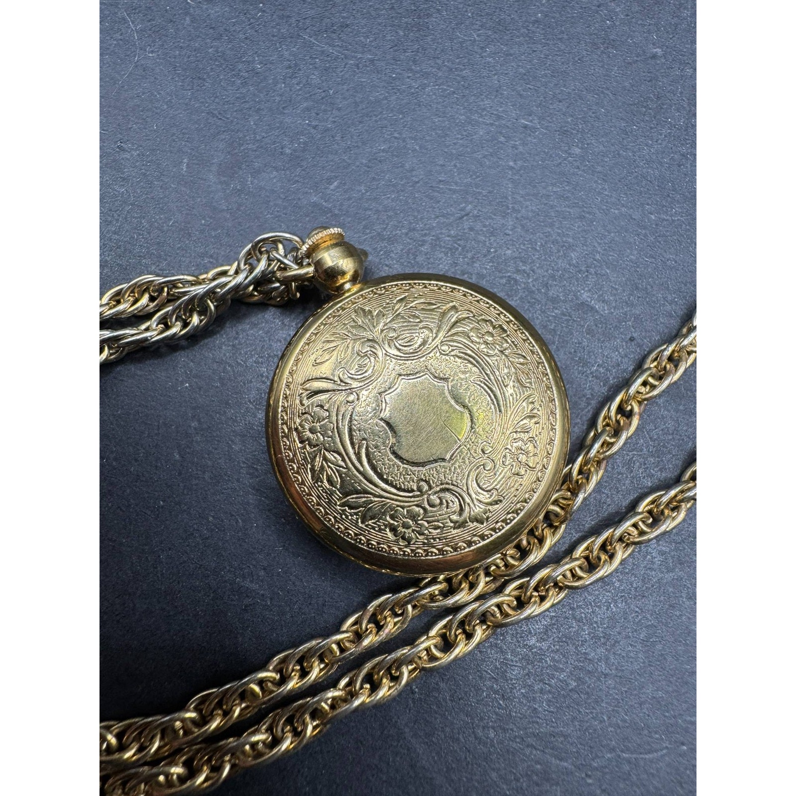 Vintage Hampden 17 Jewels Pendant Watch Necklace Gold Tone Ornate Engraved — image 8 of 8